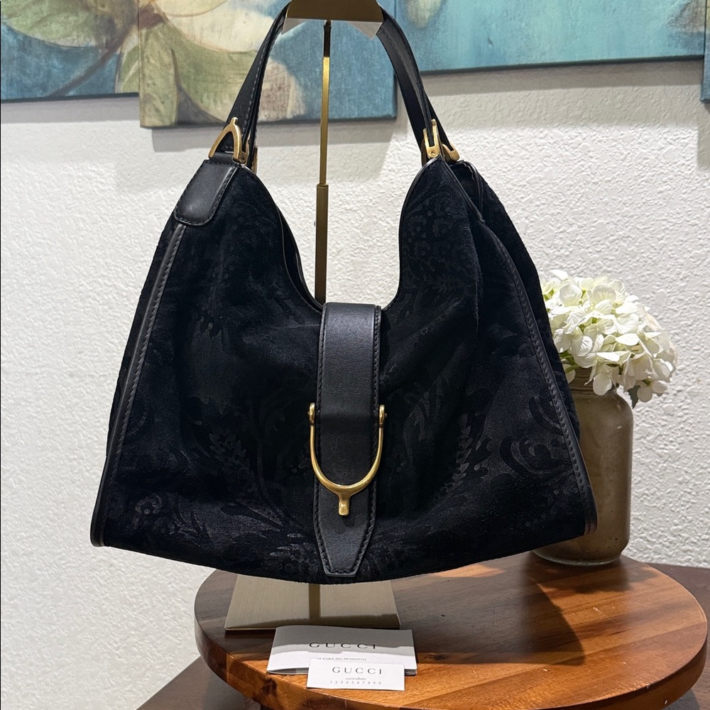 GUCCI Black Soft Stirrup Nubuck Black Suede Shoulder Bag - Picture 13 of 16
